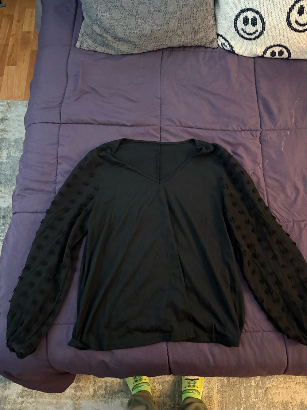 SHEIN Black V-Neck Long Sleeve Dot-Detail Top